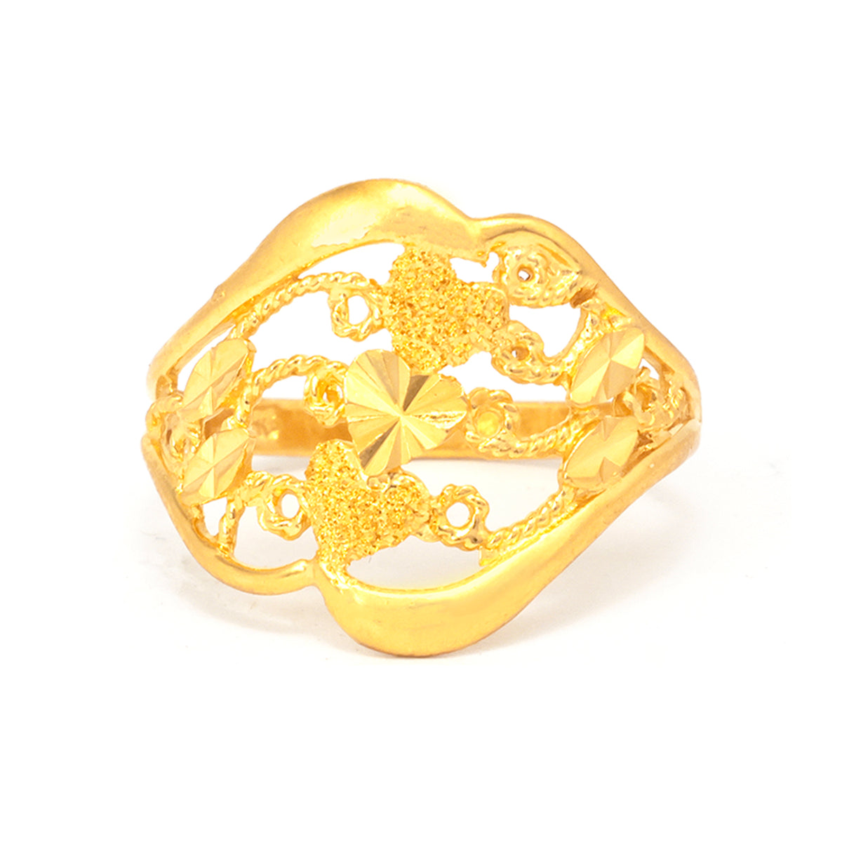 Gold ring with intricate design on a white background