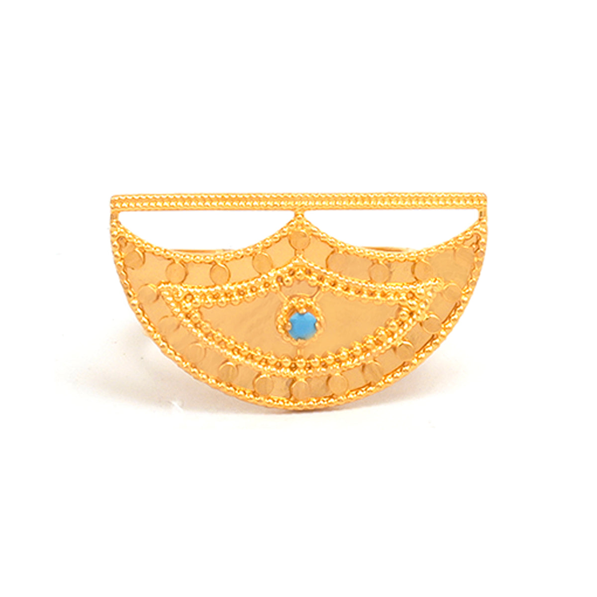 Gold decorative item with a blue gemstone on a white background
