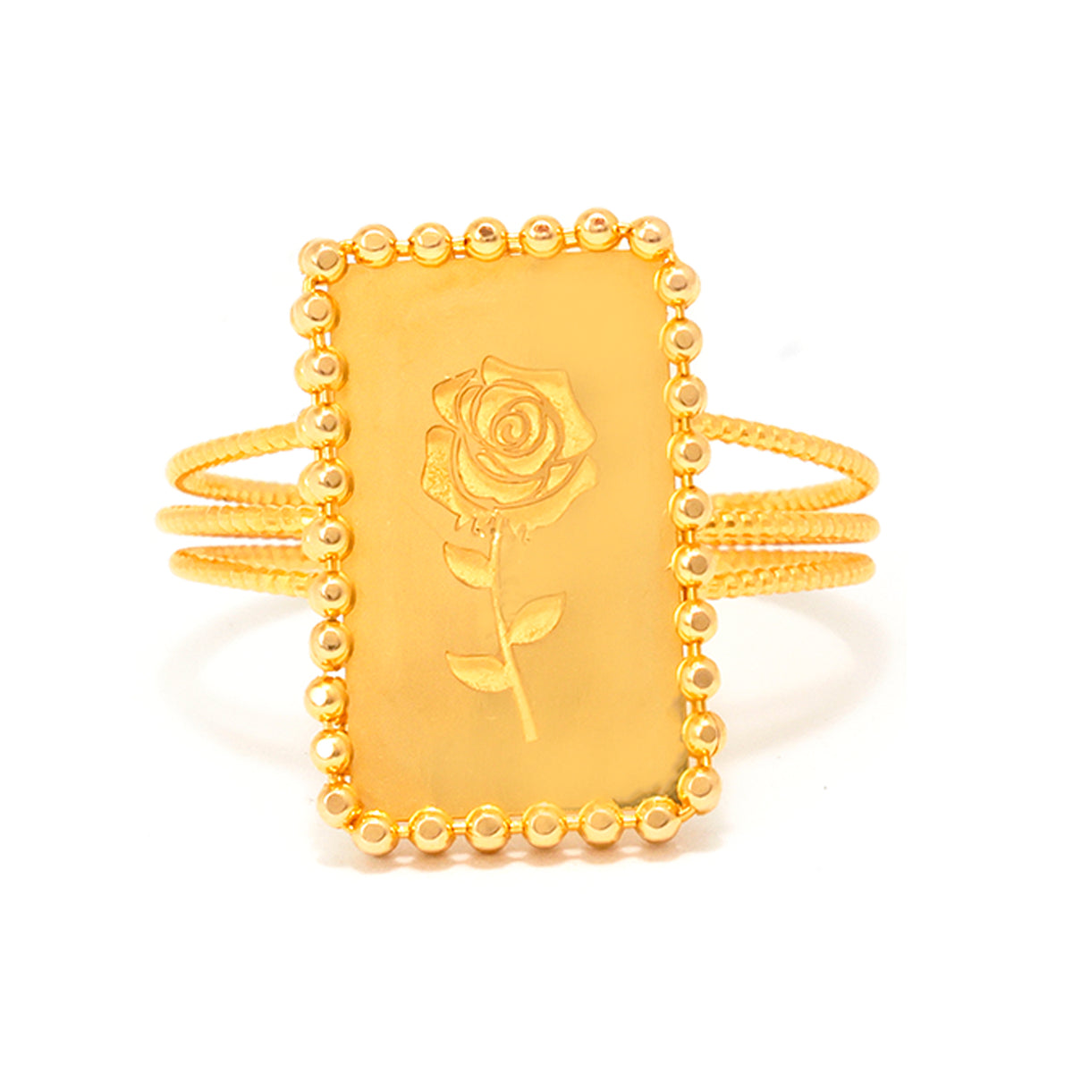 Gold ring with a rose design on a white background