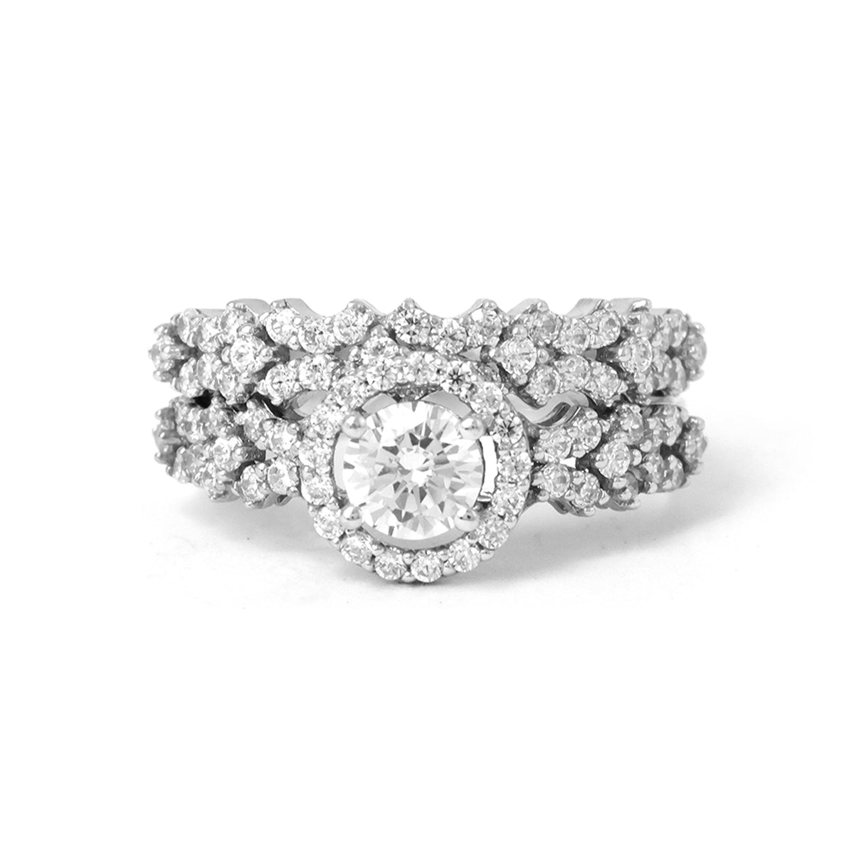 Diamond ring with floral design on a white background