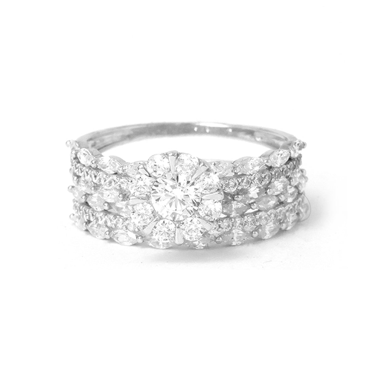Diamond ring with multiple layers on a white background