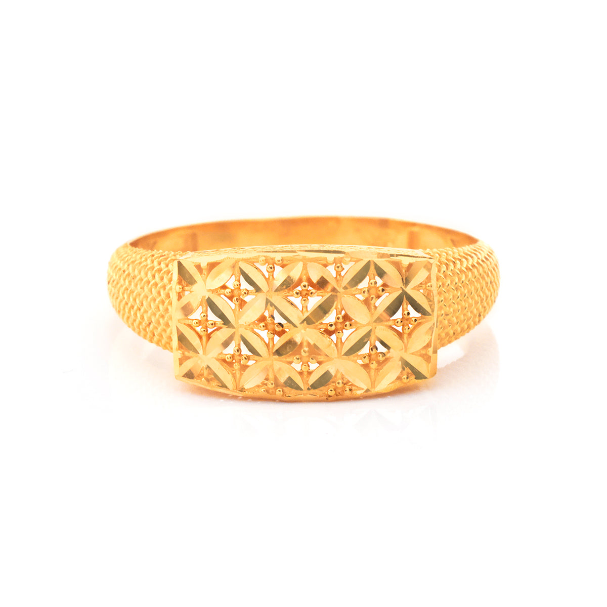 A yellow gold ring with a textured band and a rectangular face featuring a raised geometric diamond pattern, shown on a plain white background.