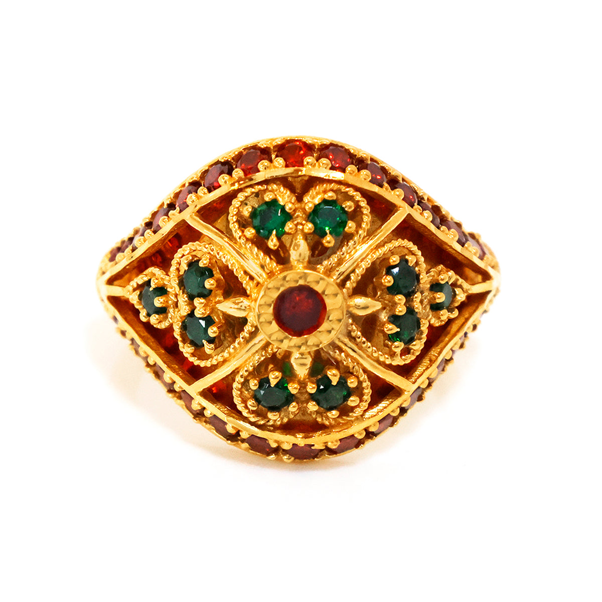 Gold ring with gemstones on a white background