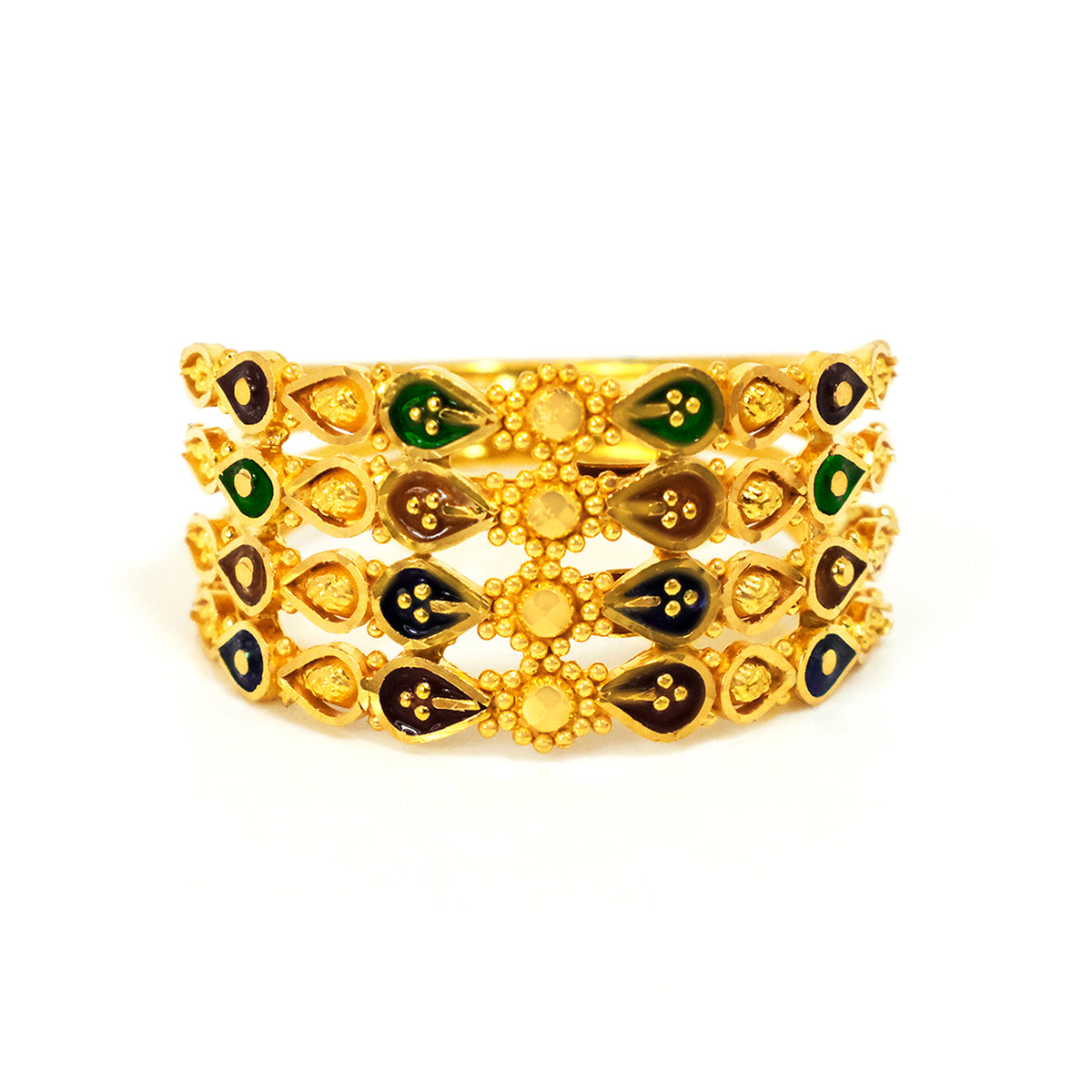Gold bracelet with green and black accents on a white background