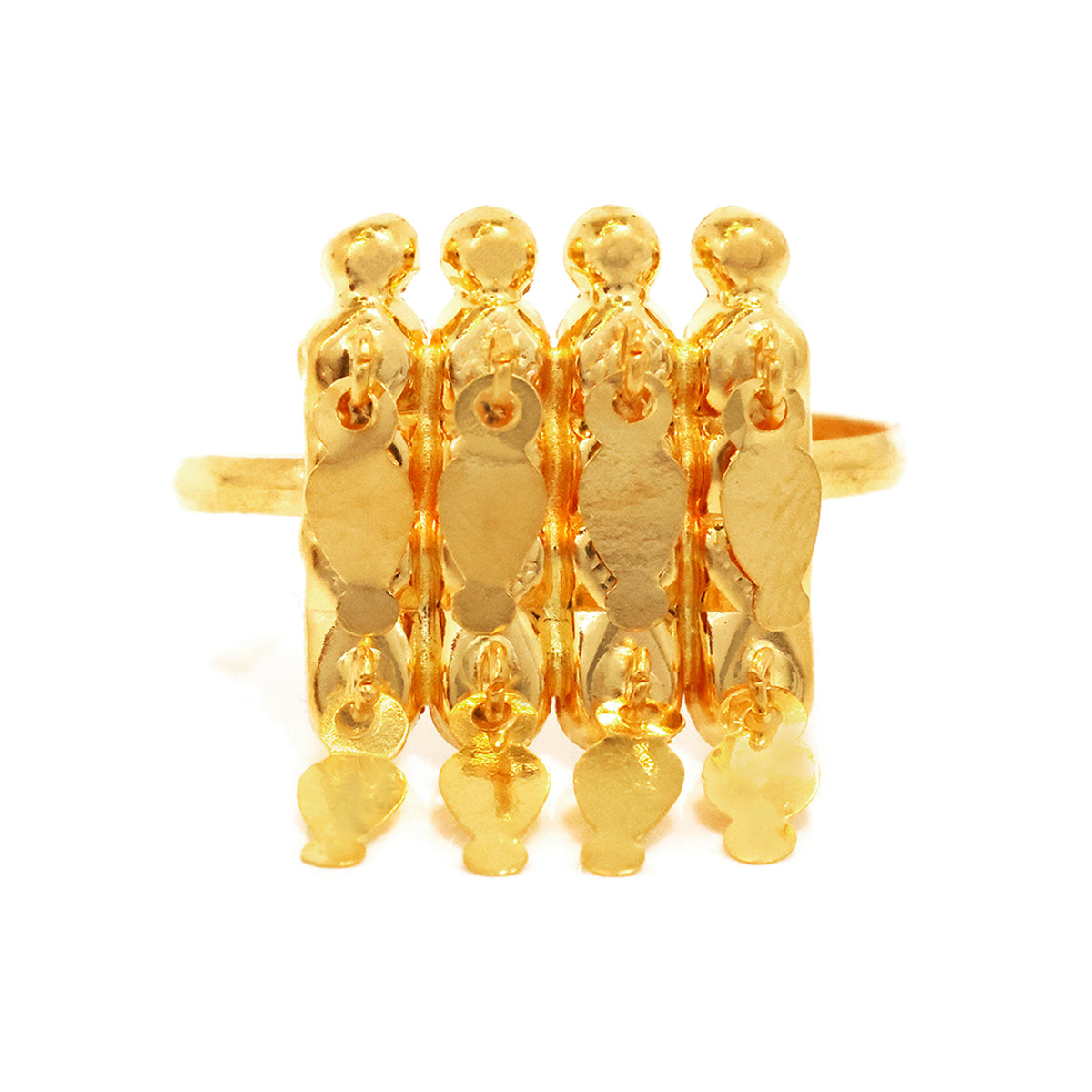 Gold ring with multiple figures on a white background