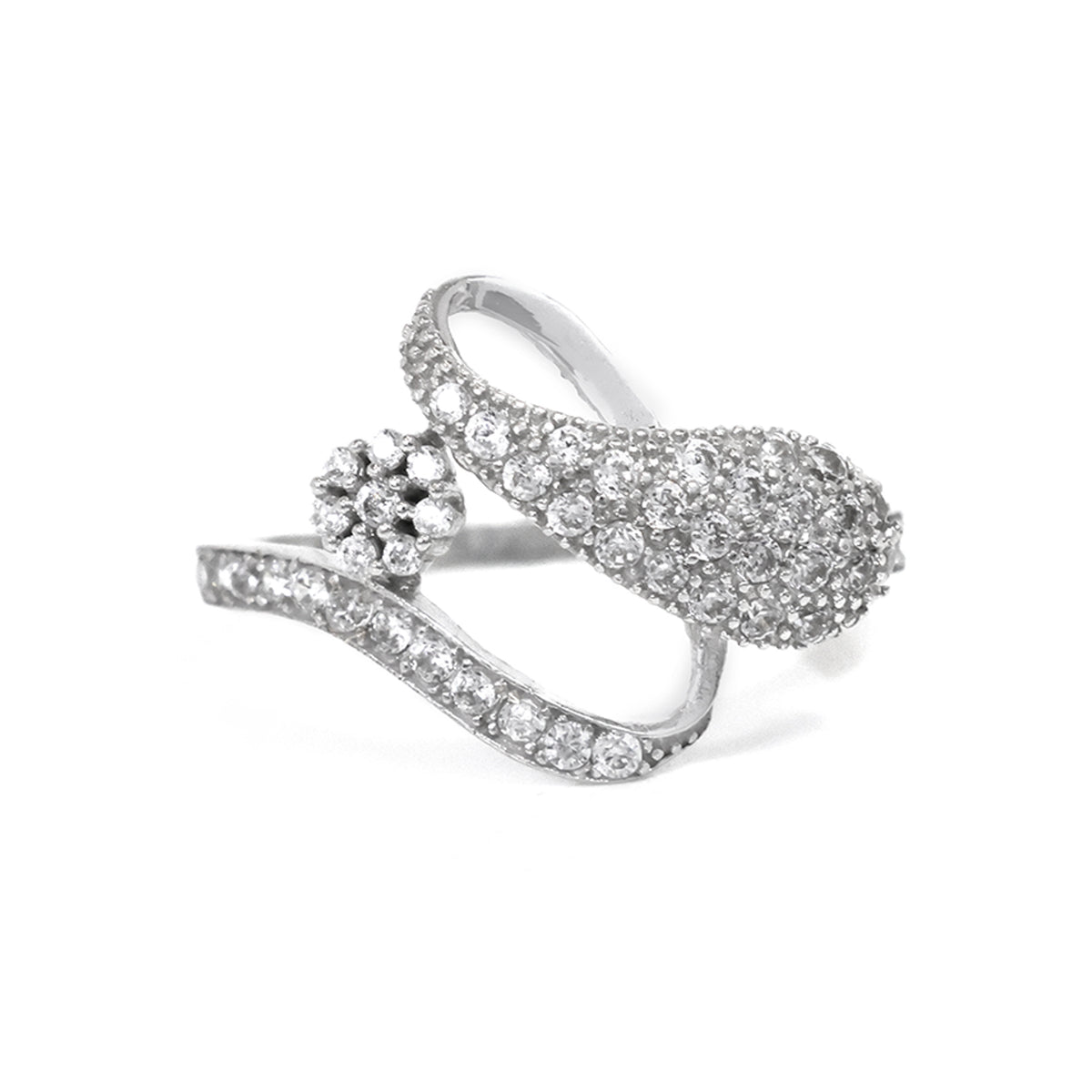Silver ring with diamond accents on a white background