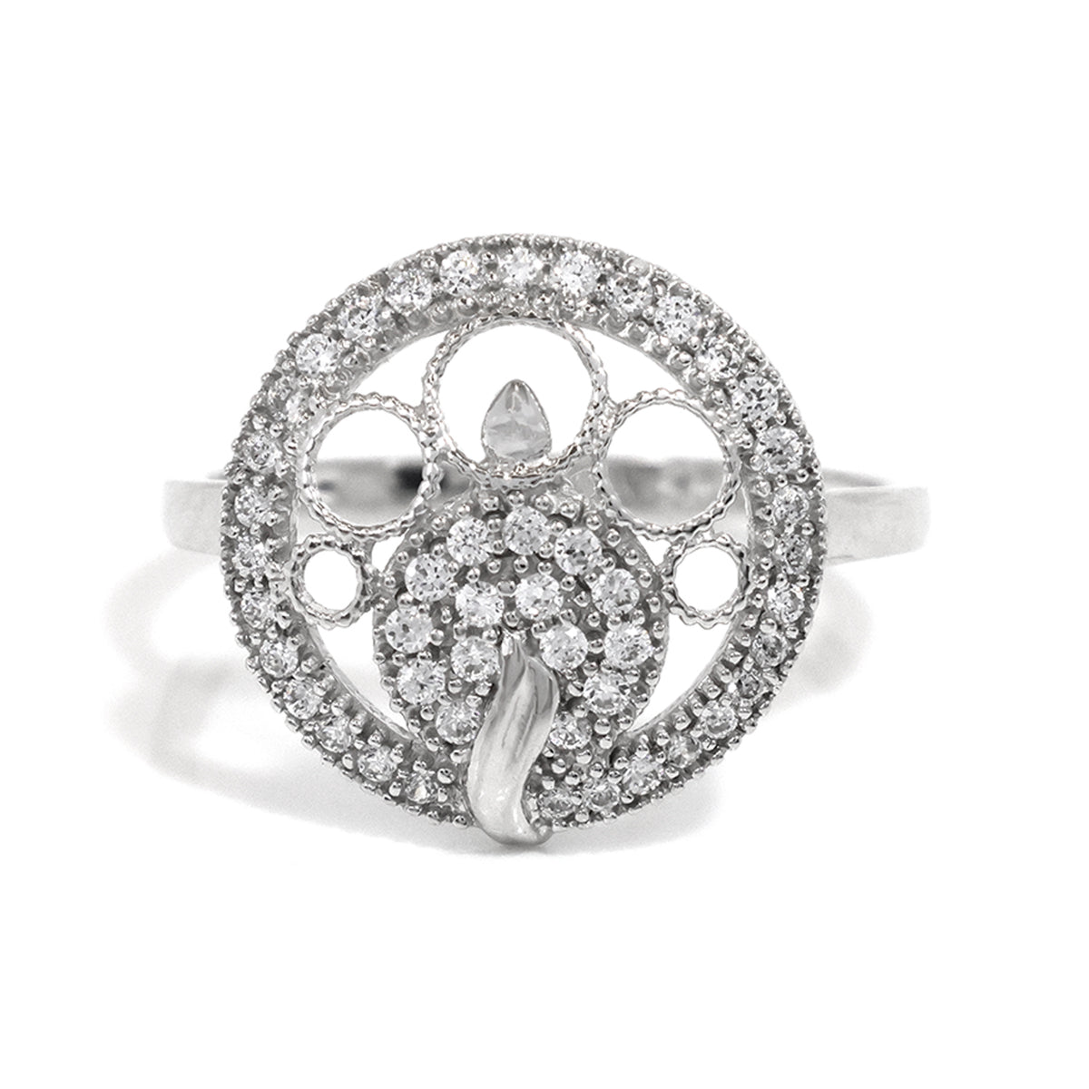 Silver ring with intricate design and embedded stones on a white background