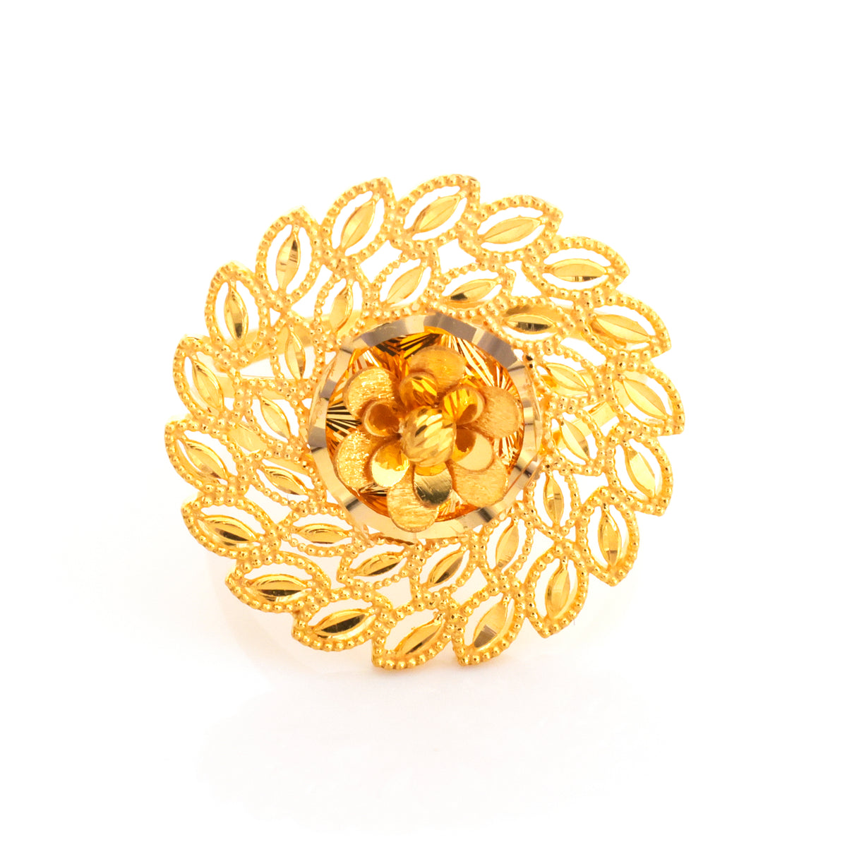 A gold-toned filigree brooch featuring a central flower motif surrounded by an intricate leaf-like openwork border, photographed on a clean white background.