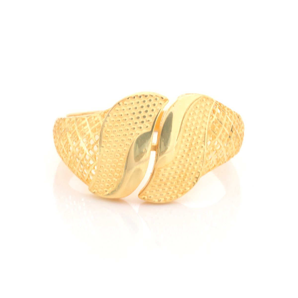A gold ring with a textured, twisted design resembling two interlocking textured leaves or petals, shown on a clean white background with a soft reflection.