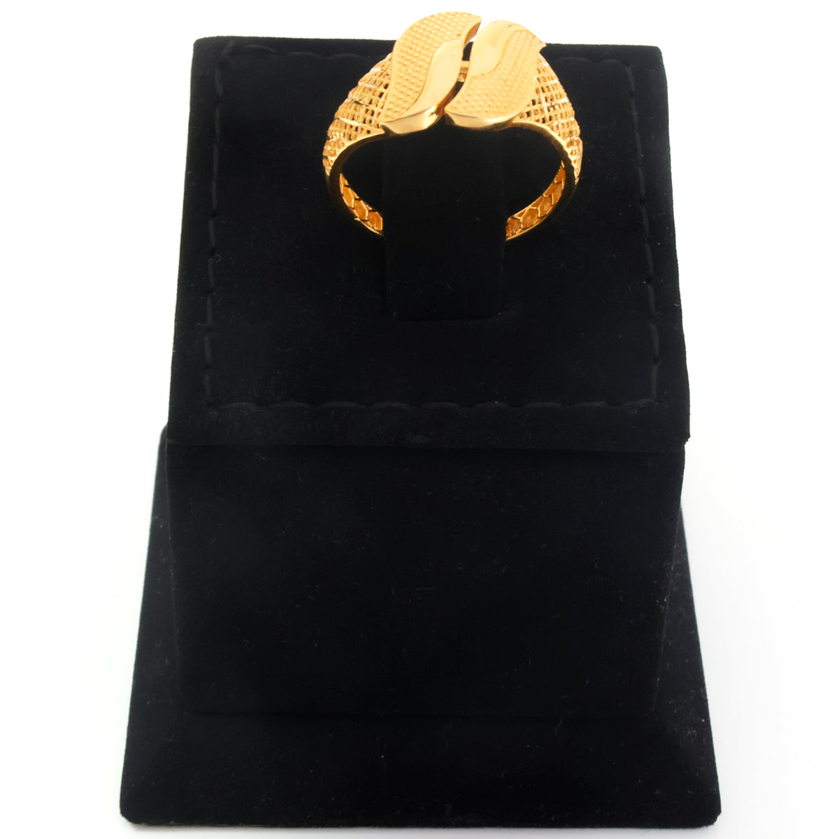 A gold-plated ring with a textured, snake-like coiled design, displayed on a black velvet ring stand against a white background.