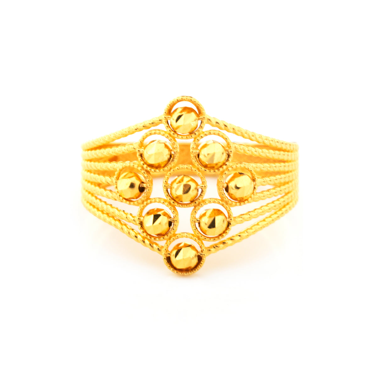 A gold-plated multi-strand rope bangle bracelet with a central cluster of faceted round gold beads, shown on a plain white background.