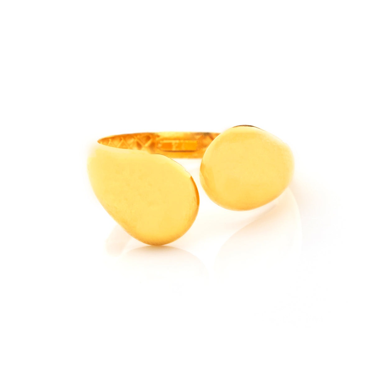 A gold-toned open ring band with two smooth, rounded, teardrop-like end pieces, photographed on a clean white background with a soft reflection.