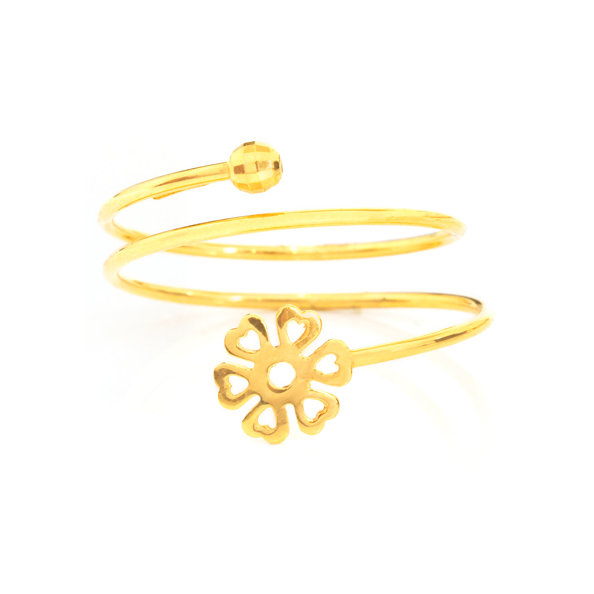 A delicate gold open bangle bracelet featuring a small flower-shaped charm and a tiny bead accent, shown on a plain white background.