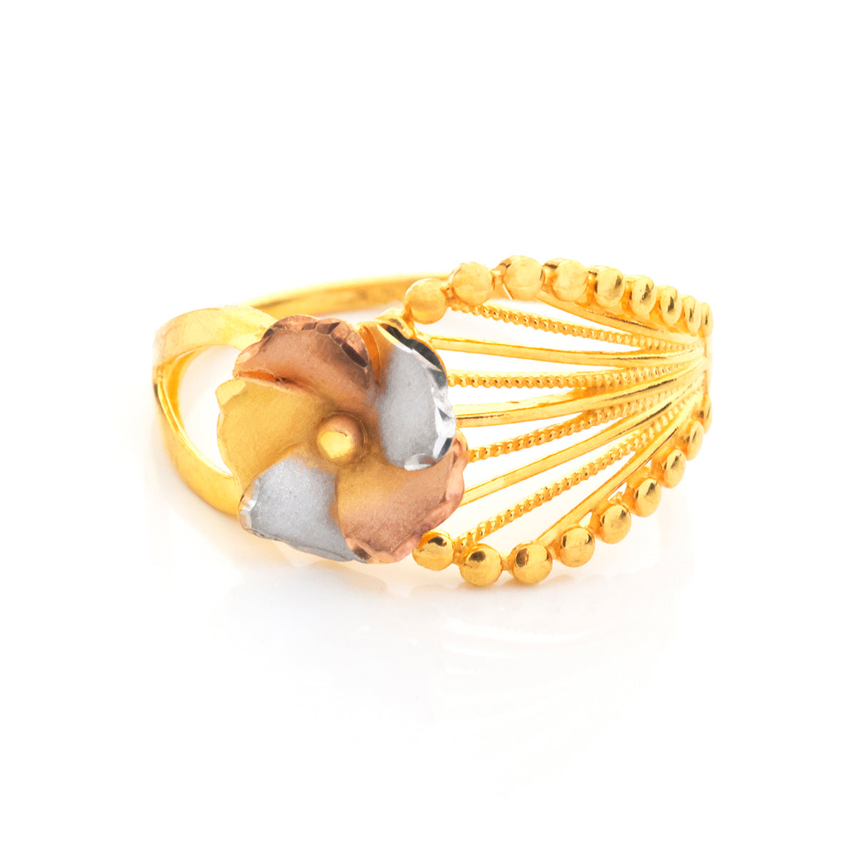 A gold ring featuring a central flower motif with gold, rose gold, and silver-colored petals, flanked by multiple thin gold wire strands ending in small gold beads, shown on a white background.