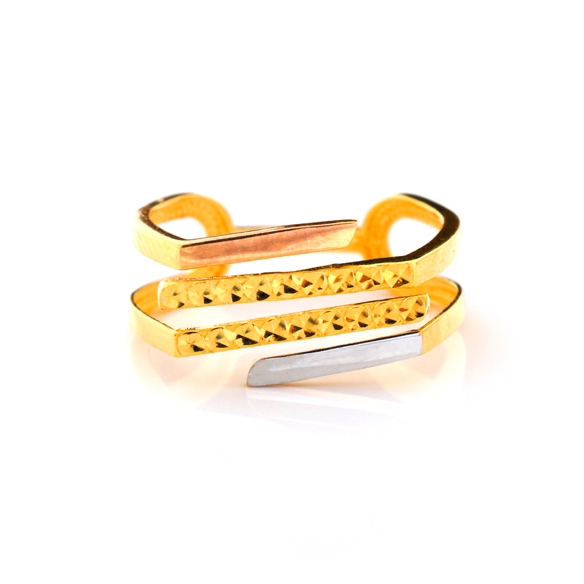 A gold wrap ring with textured triangular cutouts and a polished silver-colored accent bar, displayed on a clean white background.