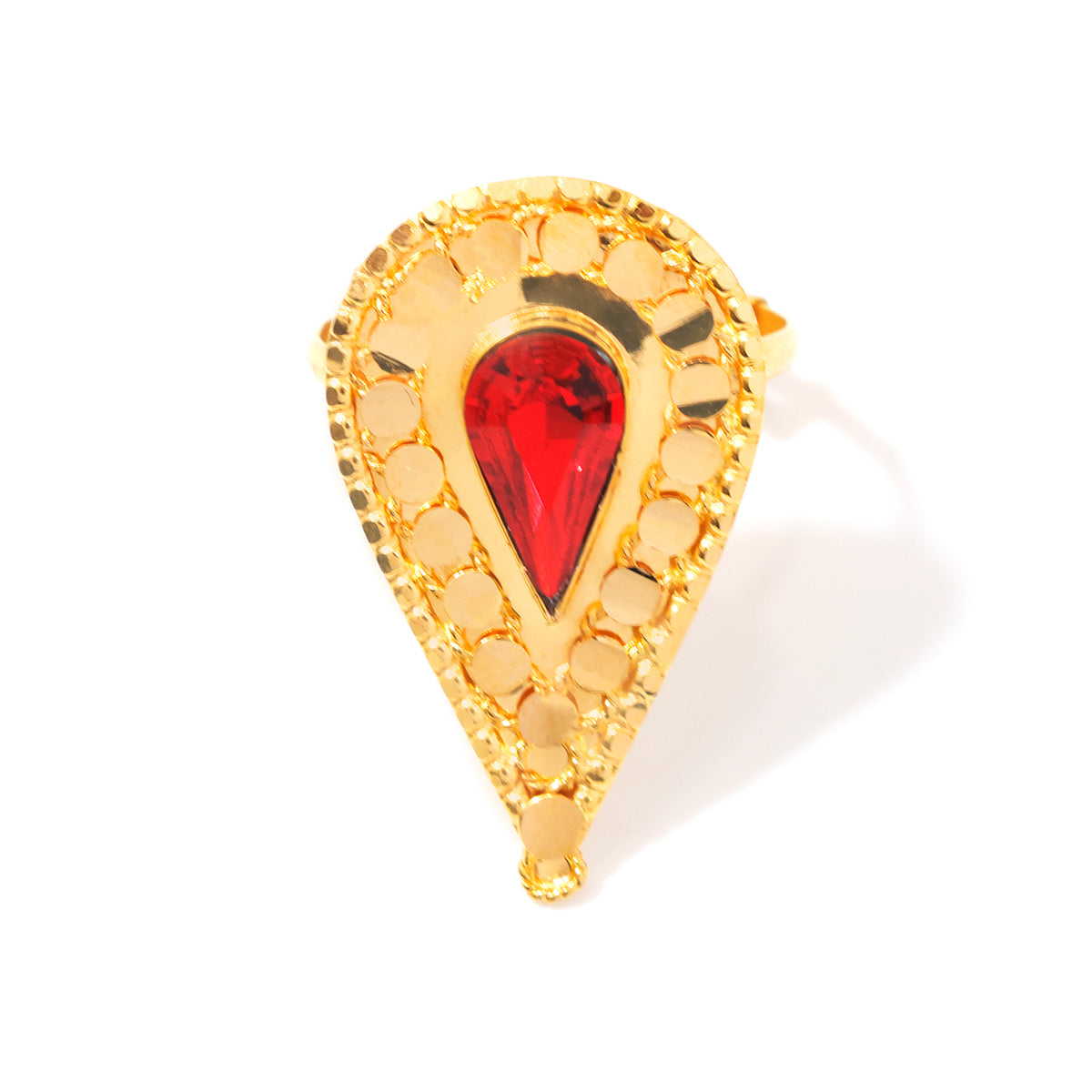 A gold teardrop-shaped ring featuring a central red teardrop gemstone, set against a plain white background with a soft shadow.