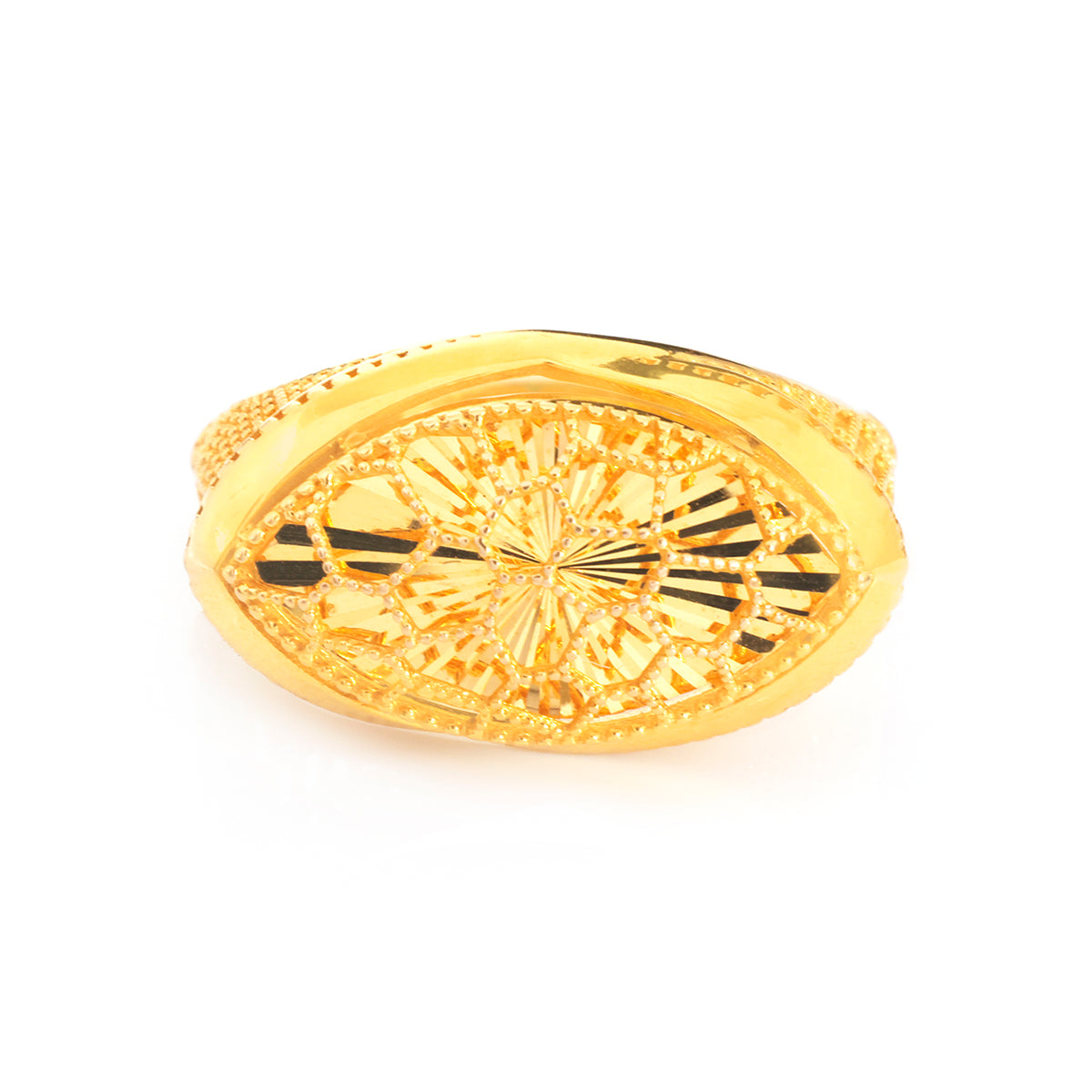 A gold-toned oval signet ring with an intricate sunburst filigree pattern on the face and textured beaded detailing on the band, shown against a plain white background.