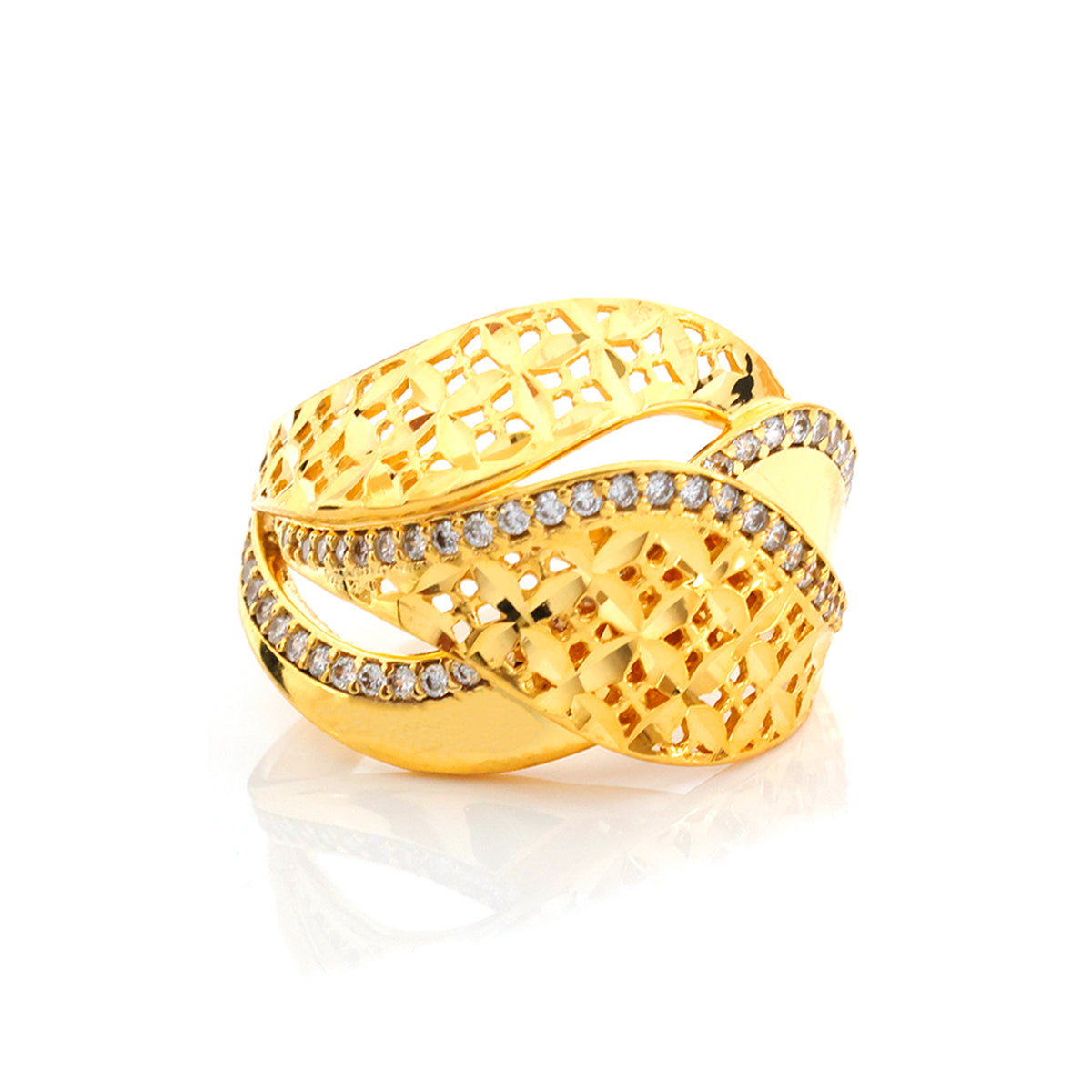 A gold ring with a textured, openwork lattice pattern and rows of small clear stones, shown on a white background with a soft reflection.