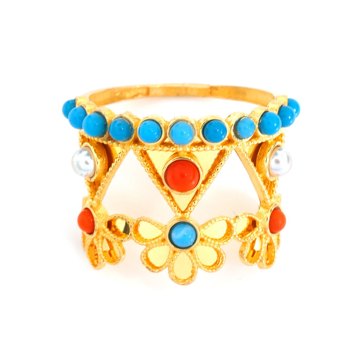 A gold-plated crown-shaped ring decorated with turquoise blue round stones, a central red oval stone, and small white stones, shown on a plain white background.
