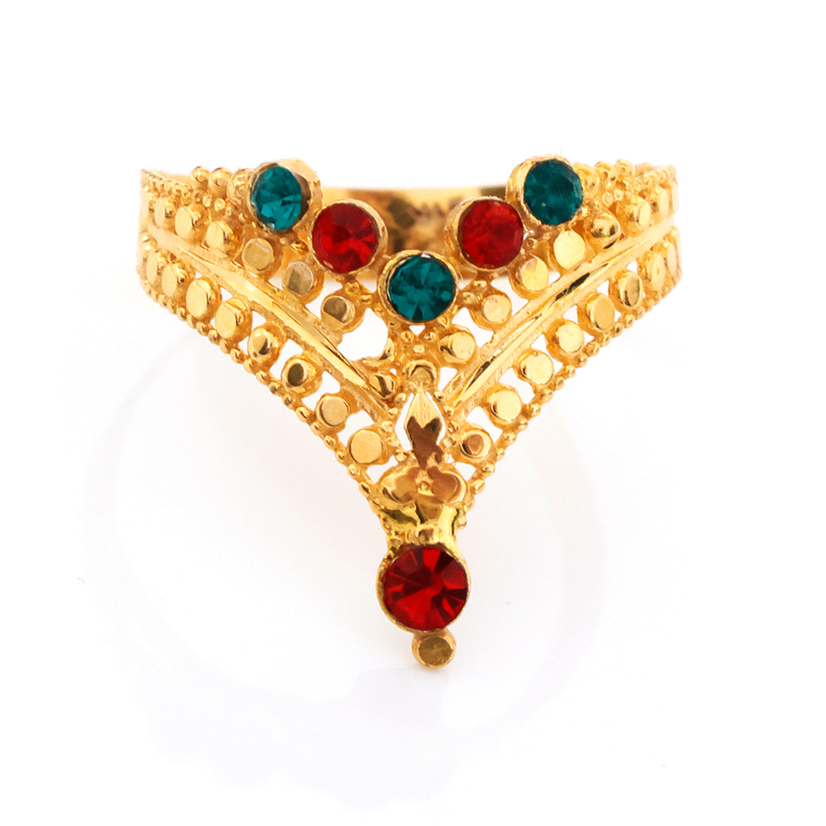 A gold-plated filigree V-shaped ring with red and teal gemstone accents, displayed on a clean white background.