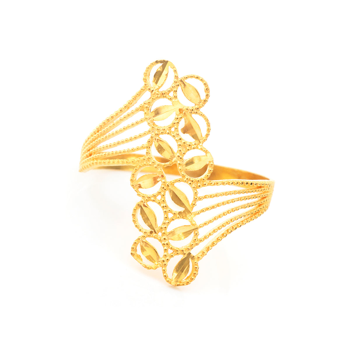 A gold-plated cuff bracelet featuring a decorative column of marquise-cut clear crystals set in a textured, openwork design on a plain white background.