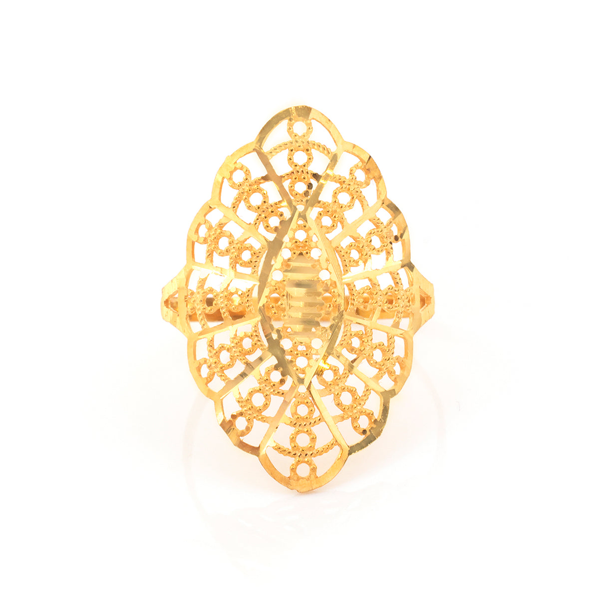 A gold filigree ring with an intricate openwork pattern, photographed on a clean white background.
