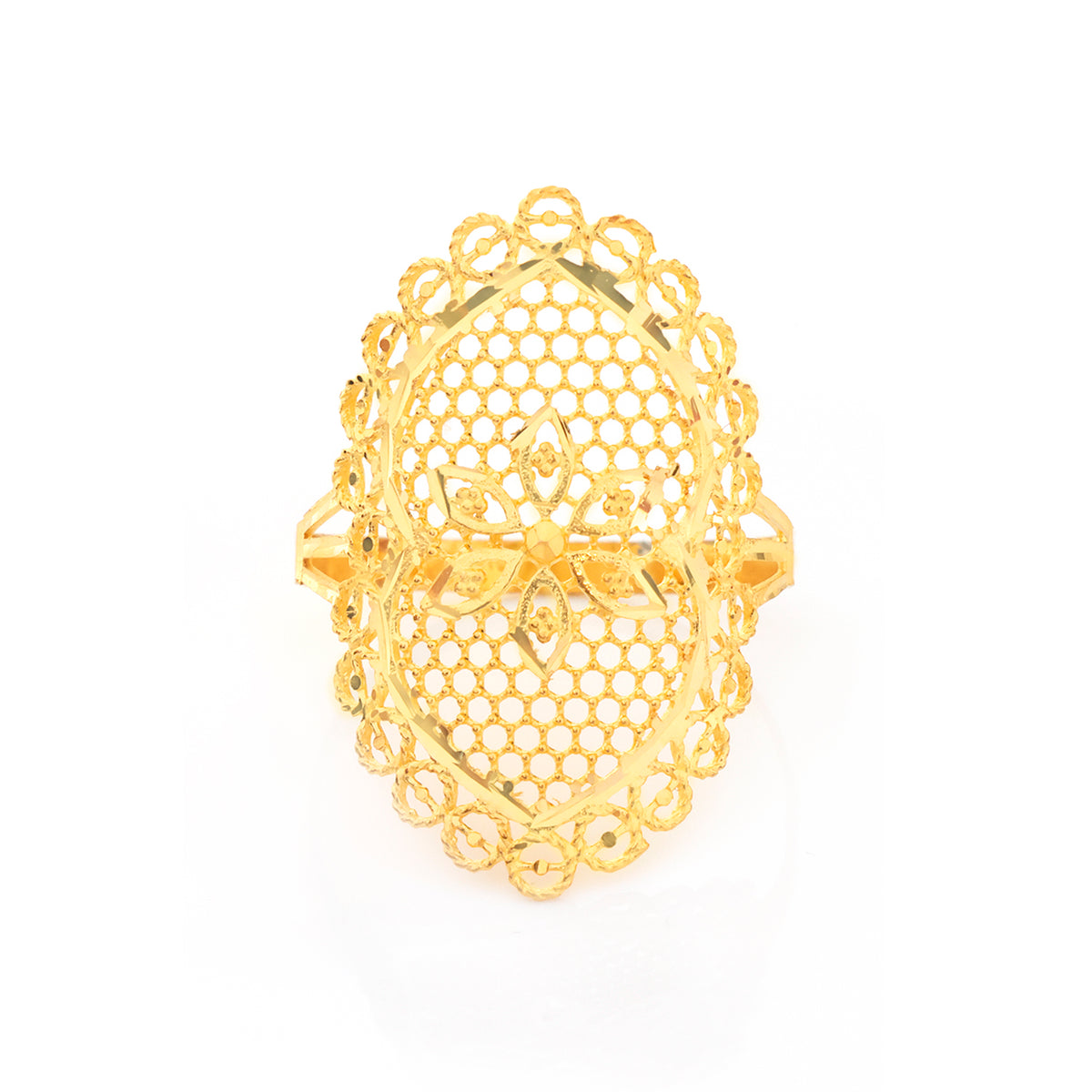 22K Gold Oval Scalloped Mesh Flower Ring - Zero making charge