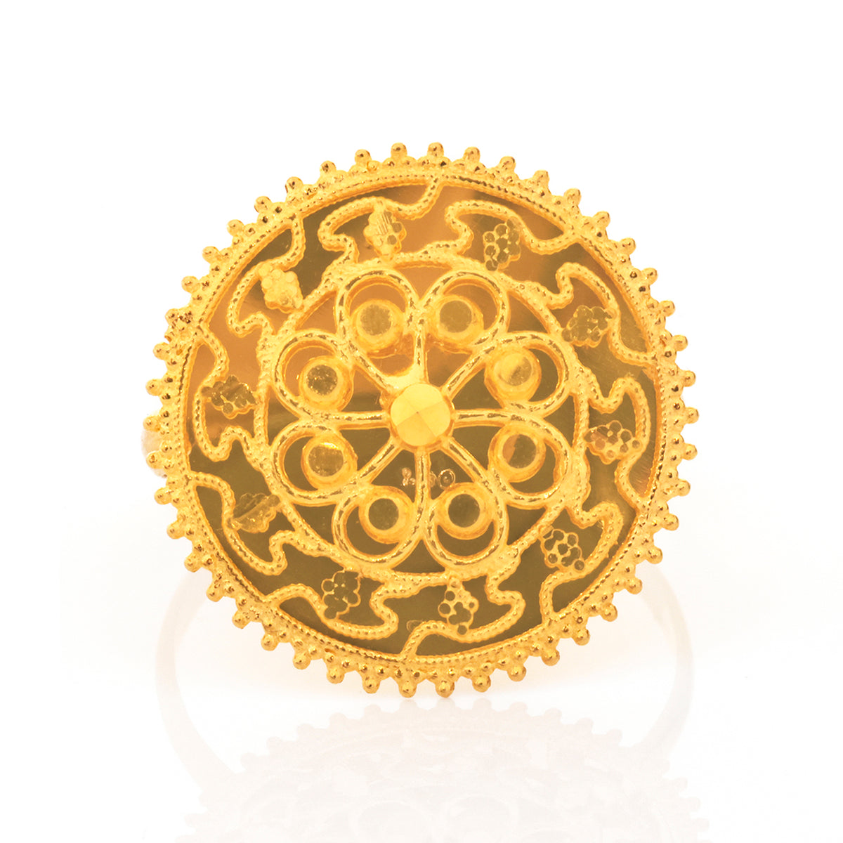 21K Gold Large Filigree Medallion Disc Ring - Zero making charge
