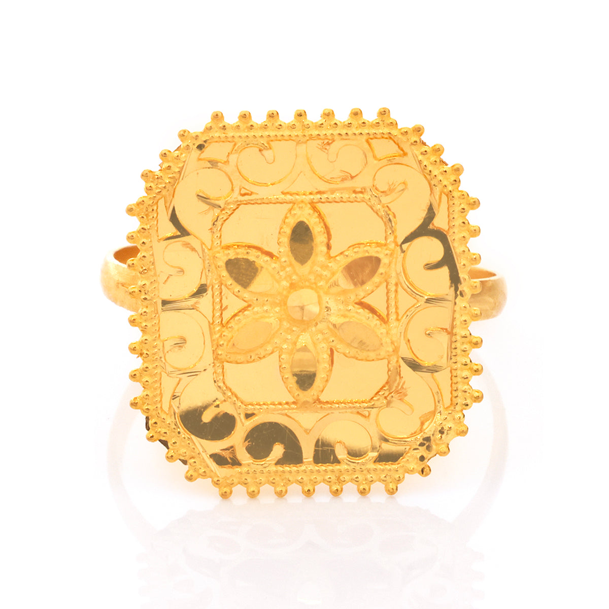 21K Gold Square Filigree Floral Motif Ring - Zero making charge