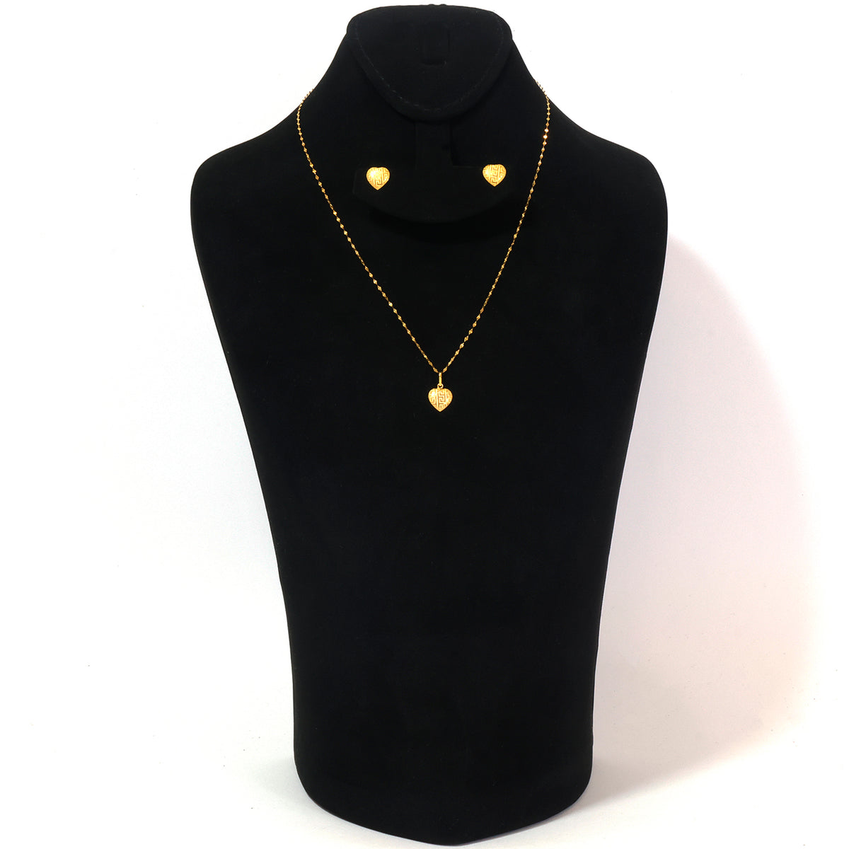 18K Gold Patterned Heart Necklace & Earring Set