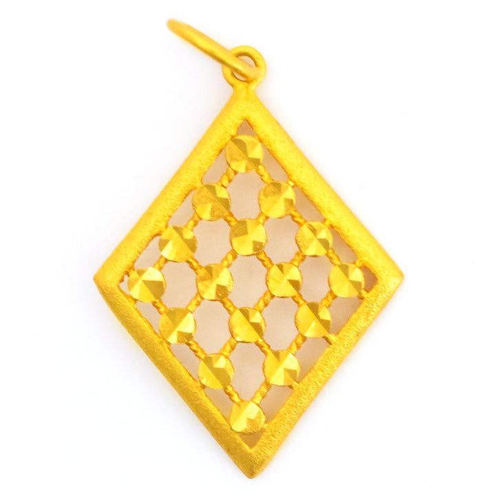 Gold-colored geometric pendant on a white background