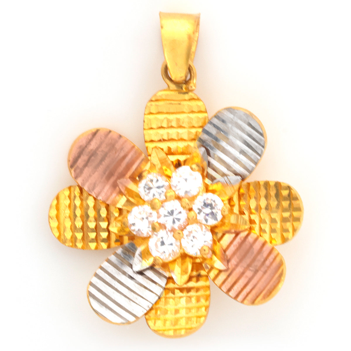 22K Gold Tri-Color Flower Pendant with Stone Cluster