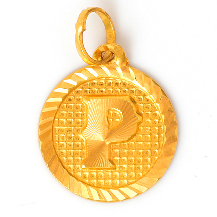 Gold pendant with intricate design on a white background