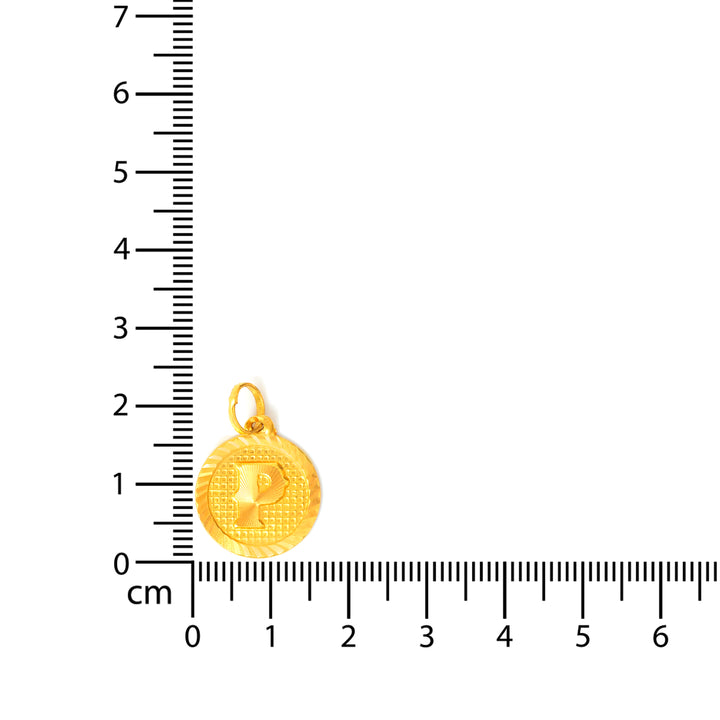 22K Gold Round Initial P Pendant – Lattice-Textured Center