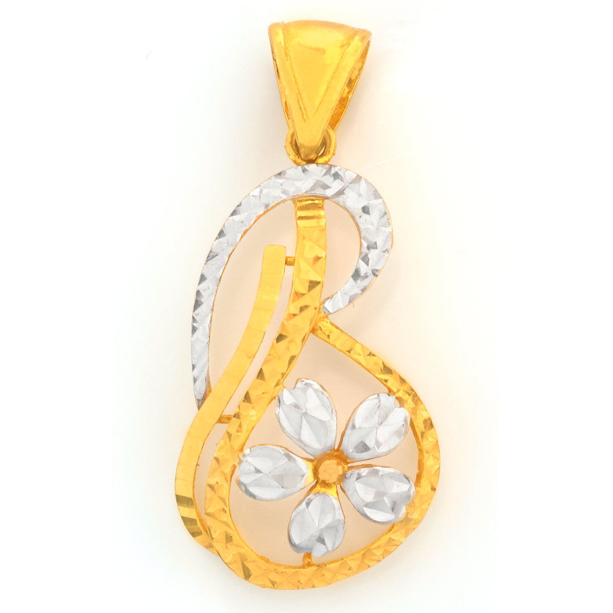 22K Gold Two-Tone Swirl Pendant with Flower Accent