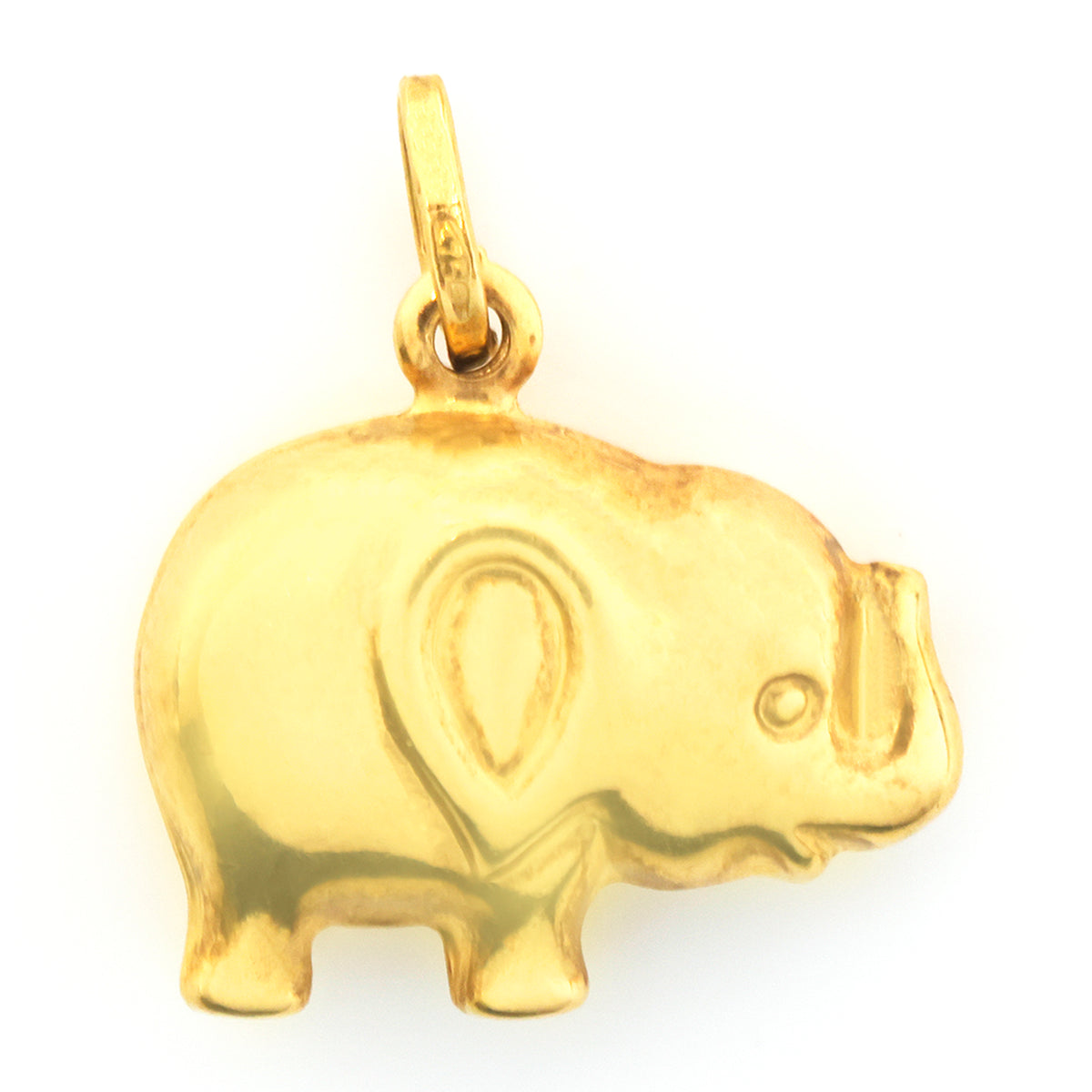 A polished yellow gold elephant pendant charm with a small integrated bail at the top, shown against a plain white background.