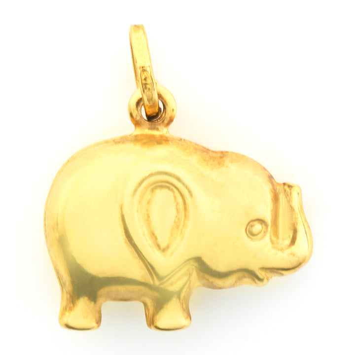 A polished yellow gold elephant pendant charm with a small integrated bail at the top, shown against a plain white background.