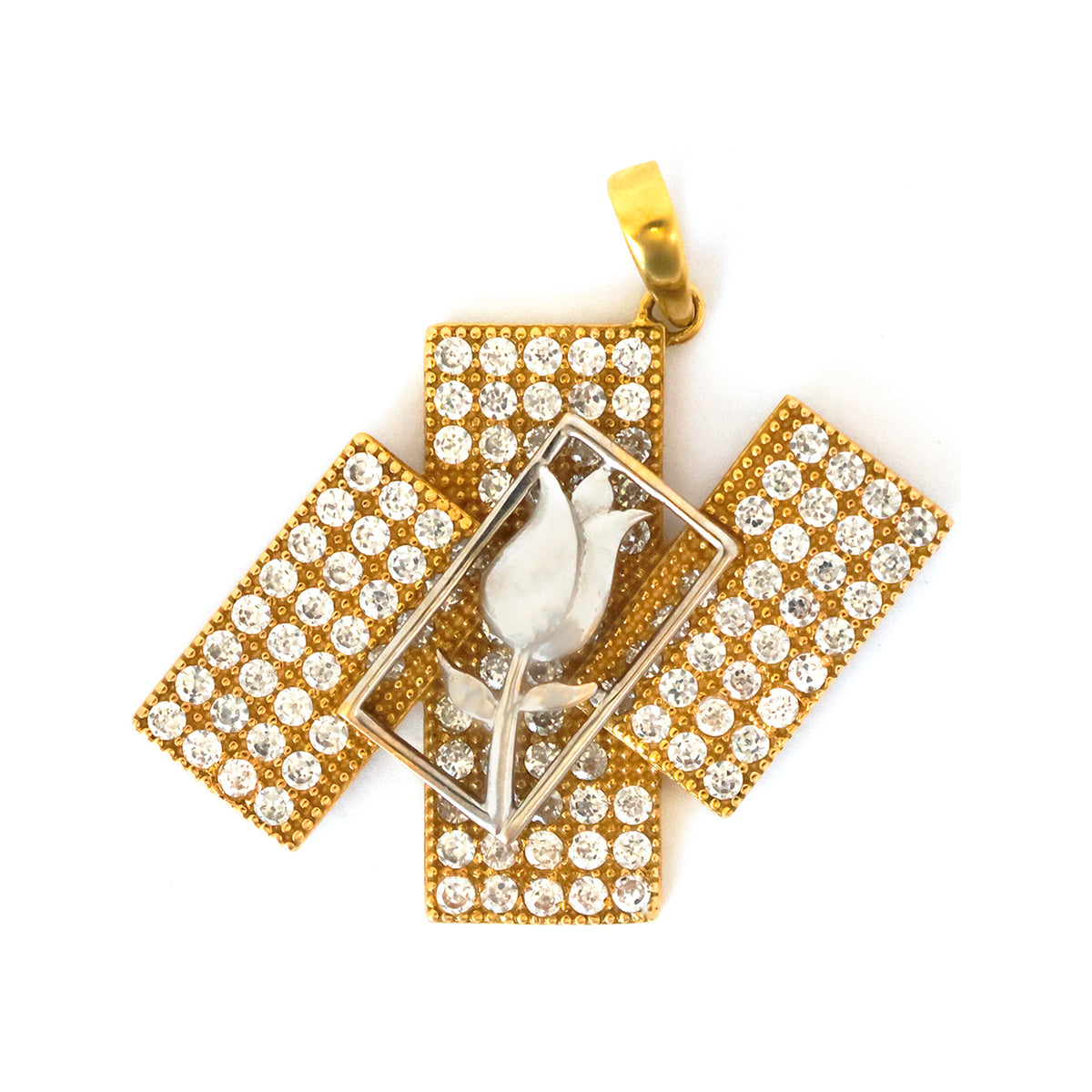 Gold and diamond pendant with a central floral design on a white background