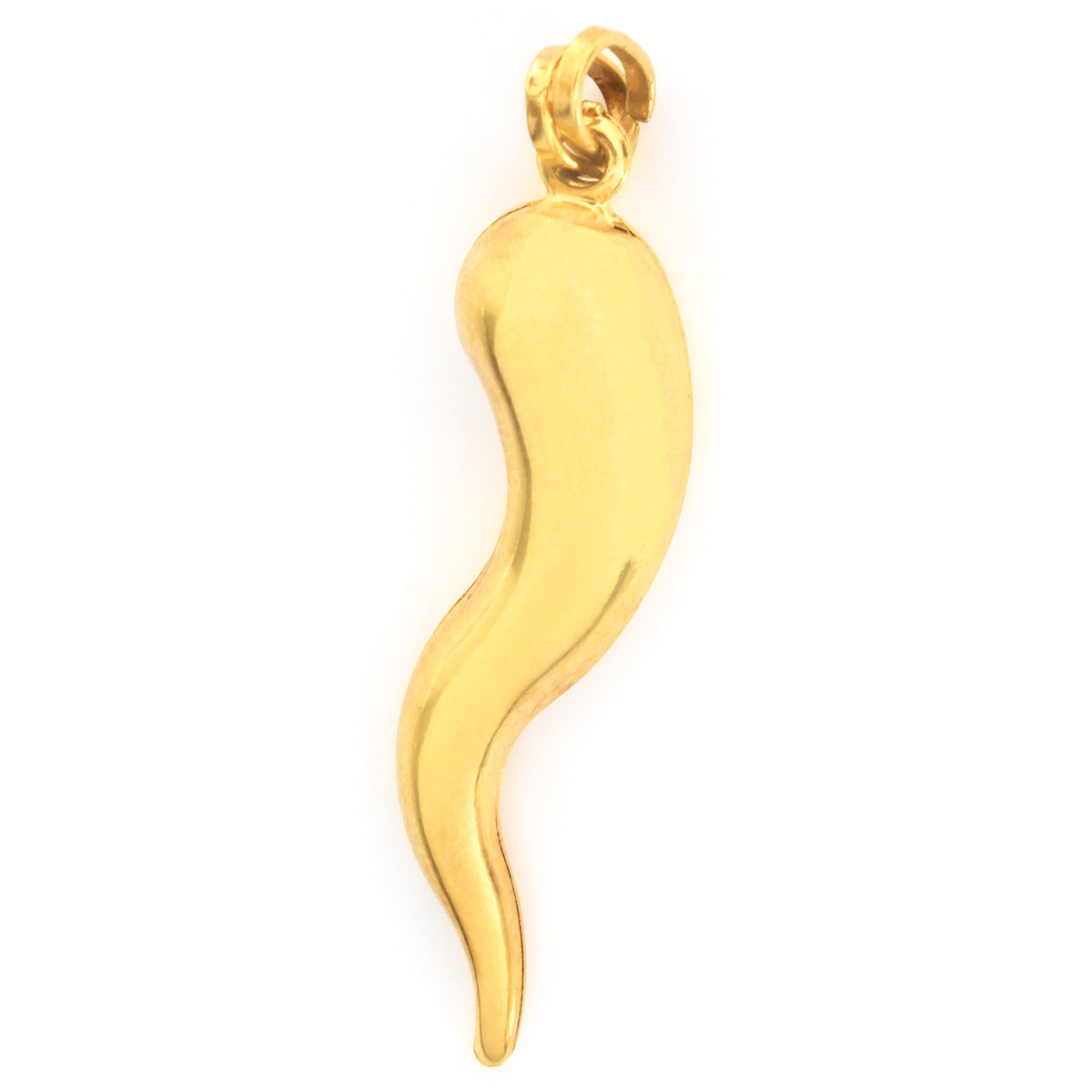 A polished gold pendant shaped like a stylized, wavy teardrop or flame, shown on a plain white background.