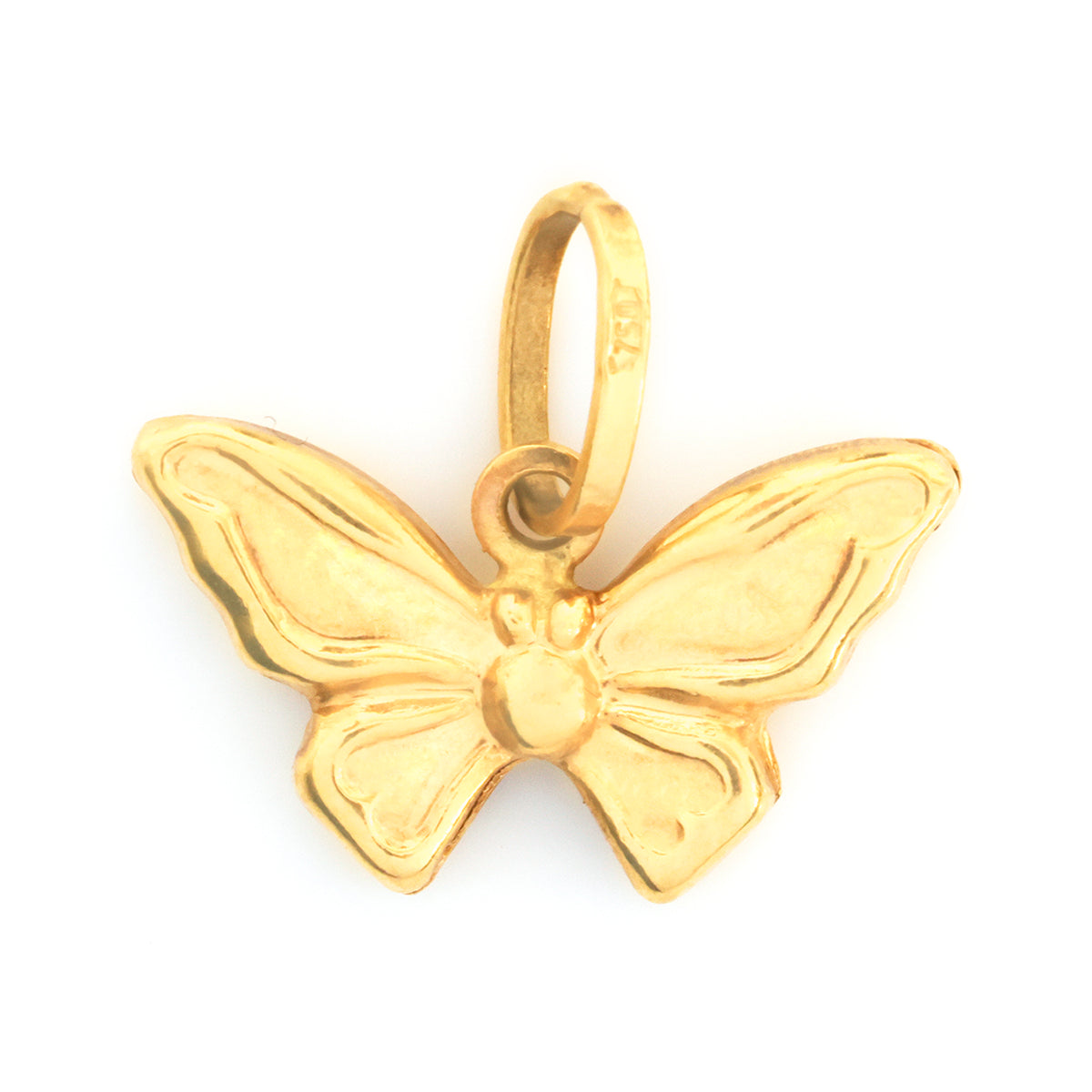 A polished yellow gold butterfly pendant charm with a textured finish and a top loop, shown on a plain white background.