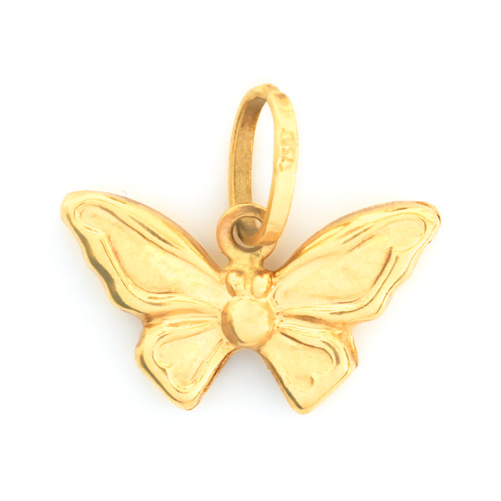A polished yellow gold butterfly pendant charm with a textured finish and a top loop, shown on a plain white background.