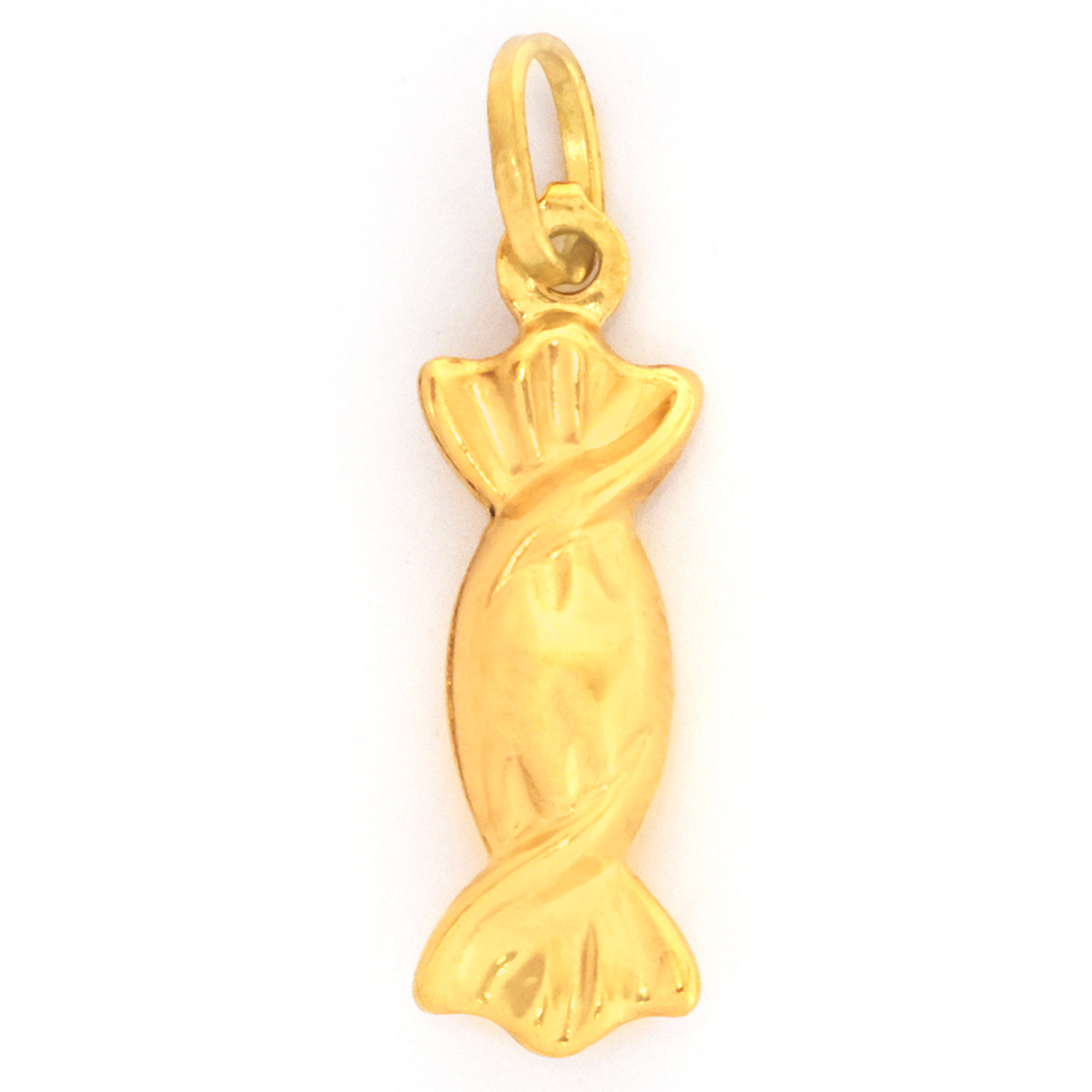 Gold pendant shaped like a fish on a white background