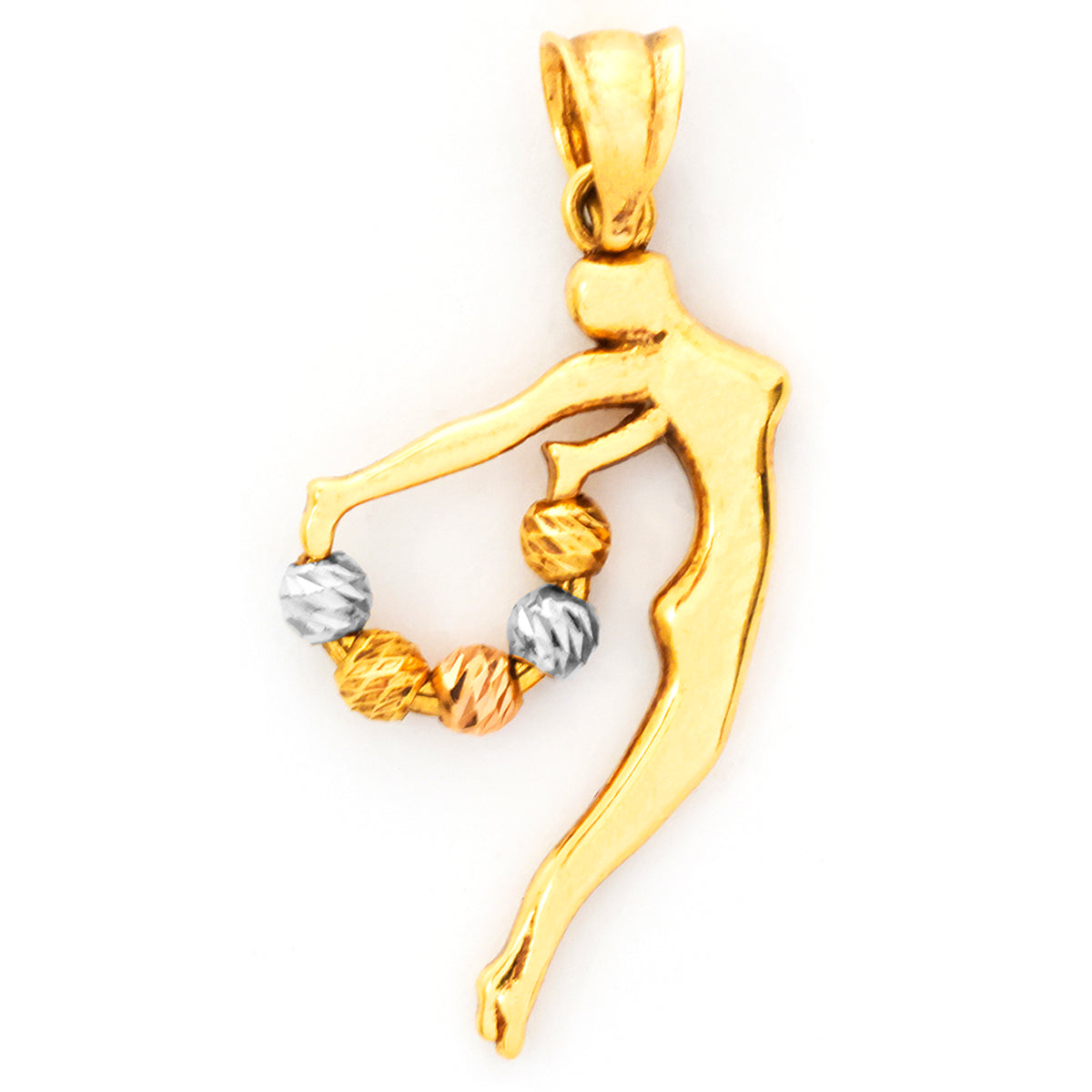 Gold and silver pendant shaped like a person holding a heart on a white background