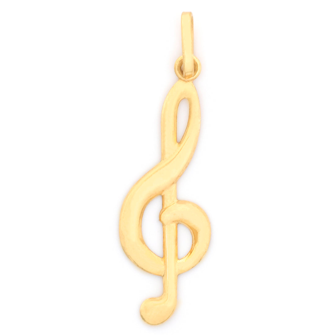 A gold treble clef pendant charm with a polished finish, shown on a plain white background.