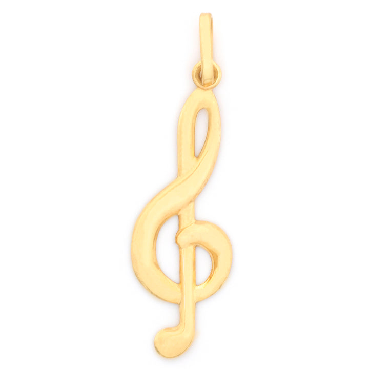A gold treble clef pendant charm with a polished finish, shown on a plain white background.