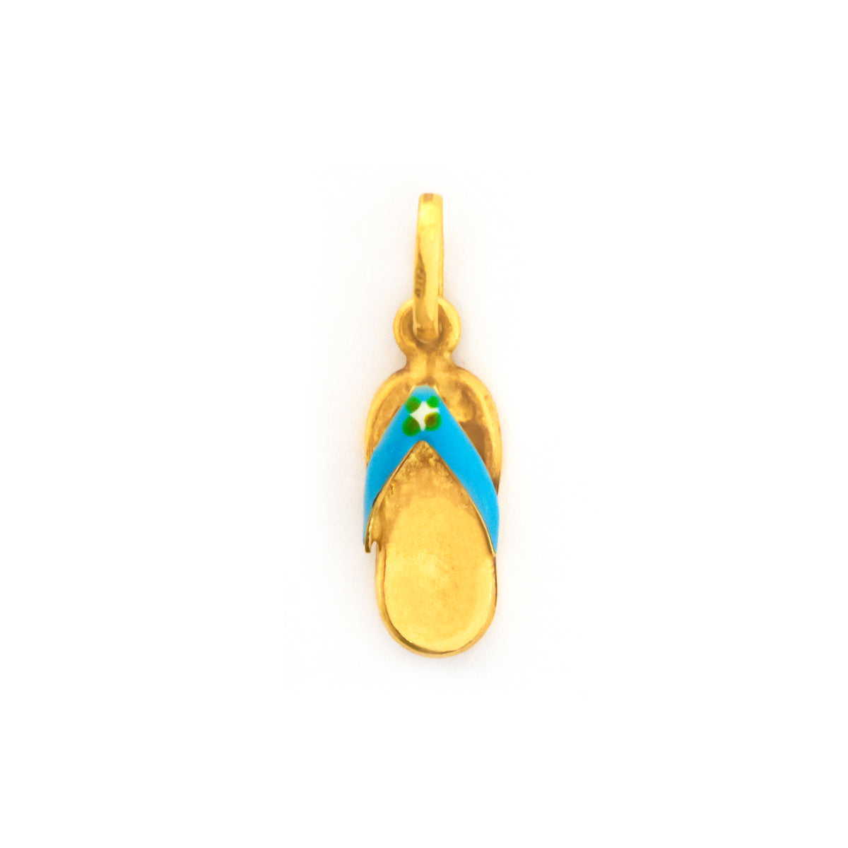 Gold flip-flop pendant with blue strap on a white background