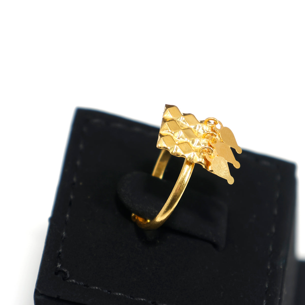 21K Gold Adjustable Ring with Dangling Charms – Side Angle