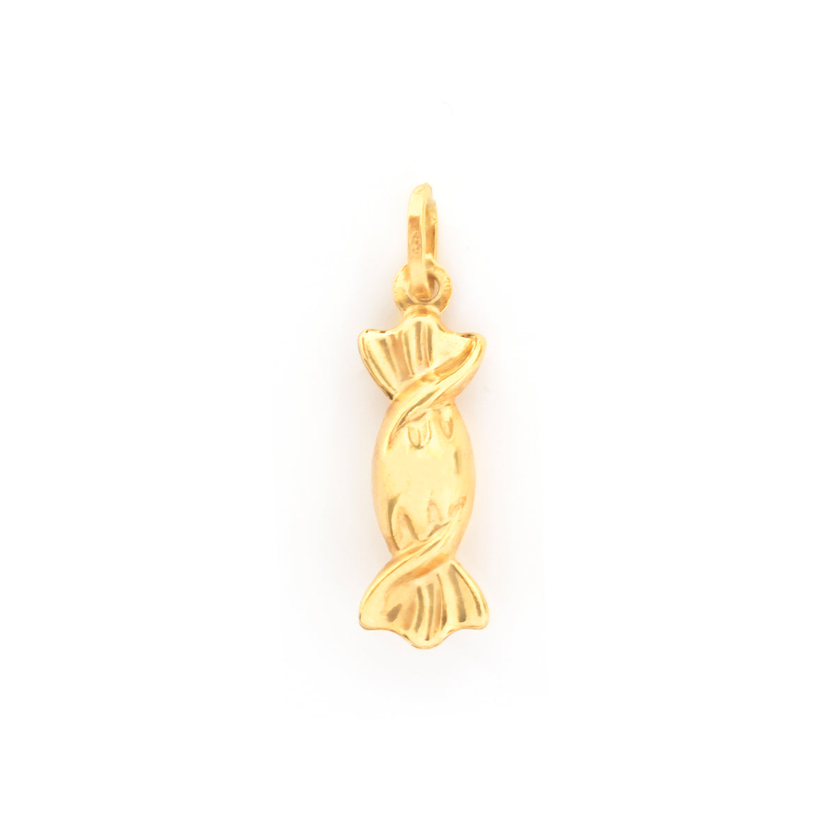 A gold candy-shaped pendant charm on a solid white background.