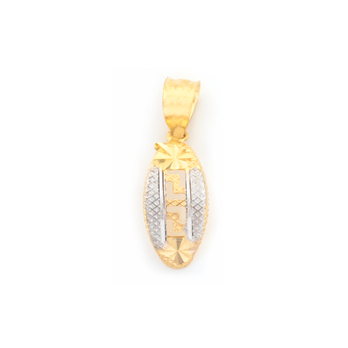 A gold and silver two-tone pendant featuring a stylized Hebrew letter 'Shin' in the center, flanked by textured diamond-cut patterns, shown on a plain white background.