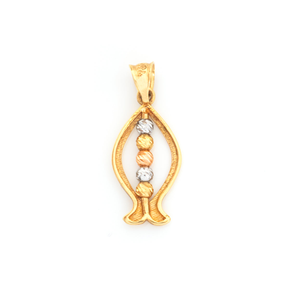 A gold pendant shaped like a fish or open shell with three vertical rows of small beads in gold, silver, and rose gold, set against a plain white background.